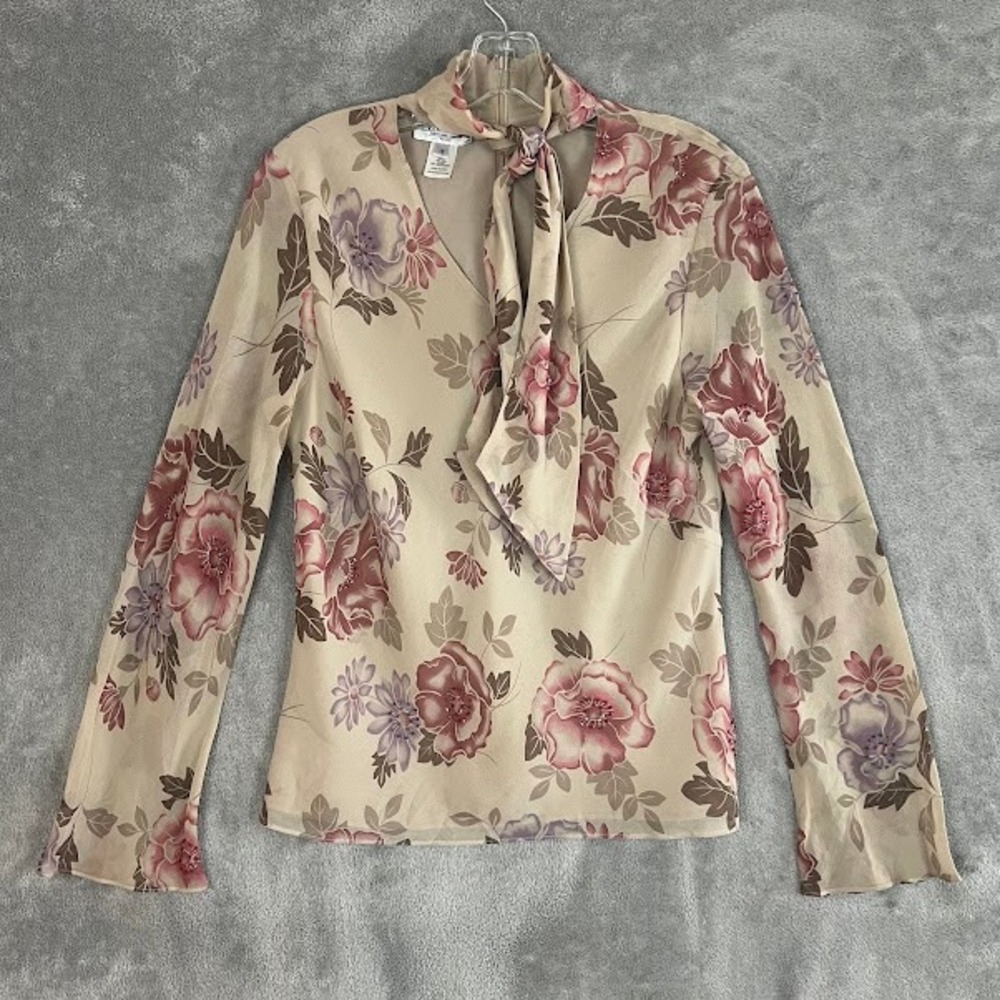 Vintage Pendleton Blouse Womens 10 Petite 100% Silk Floral Beaded Tie Neck Fairy